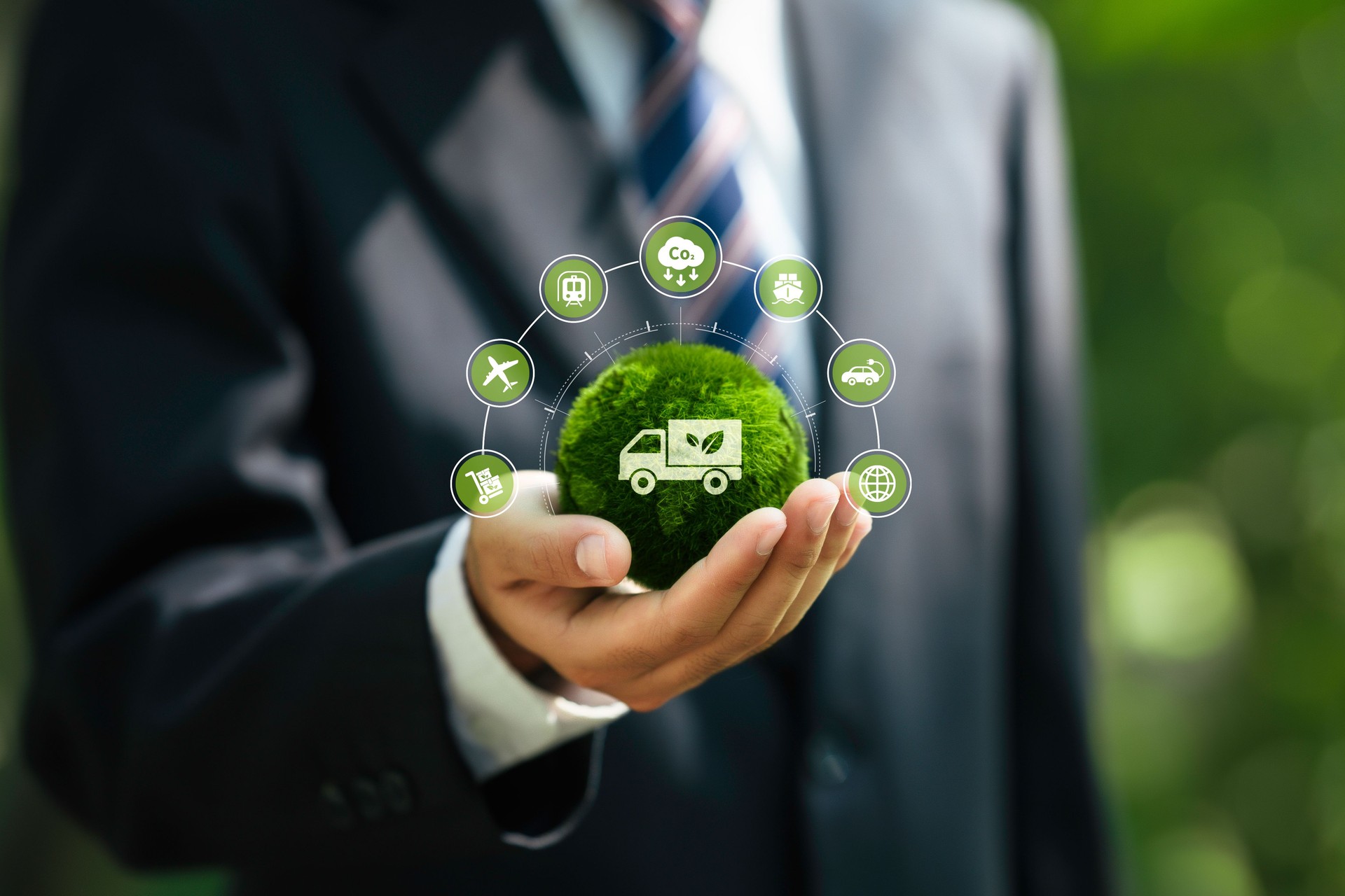 Green logistic or Sustainable transport concept. Businessman holding a globe with icon Global transport logistics travel with clean energy, eco friendly process to Net zero carbon emission