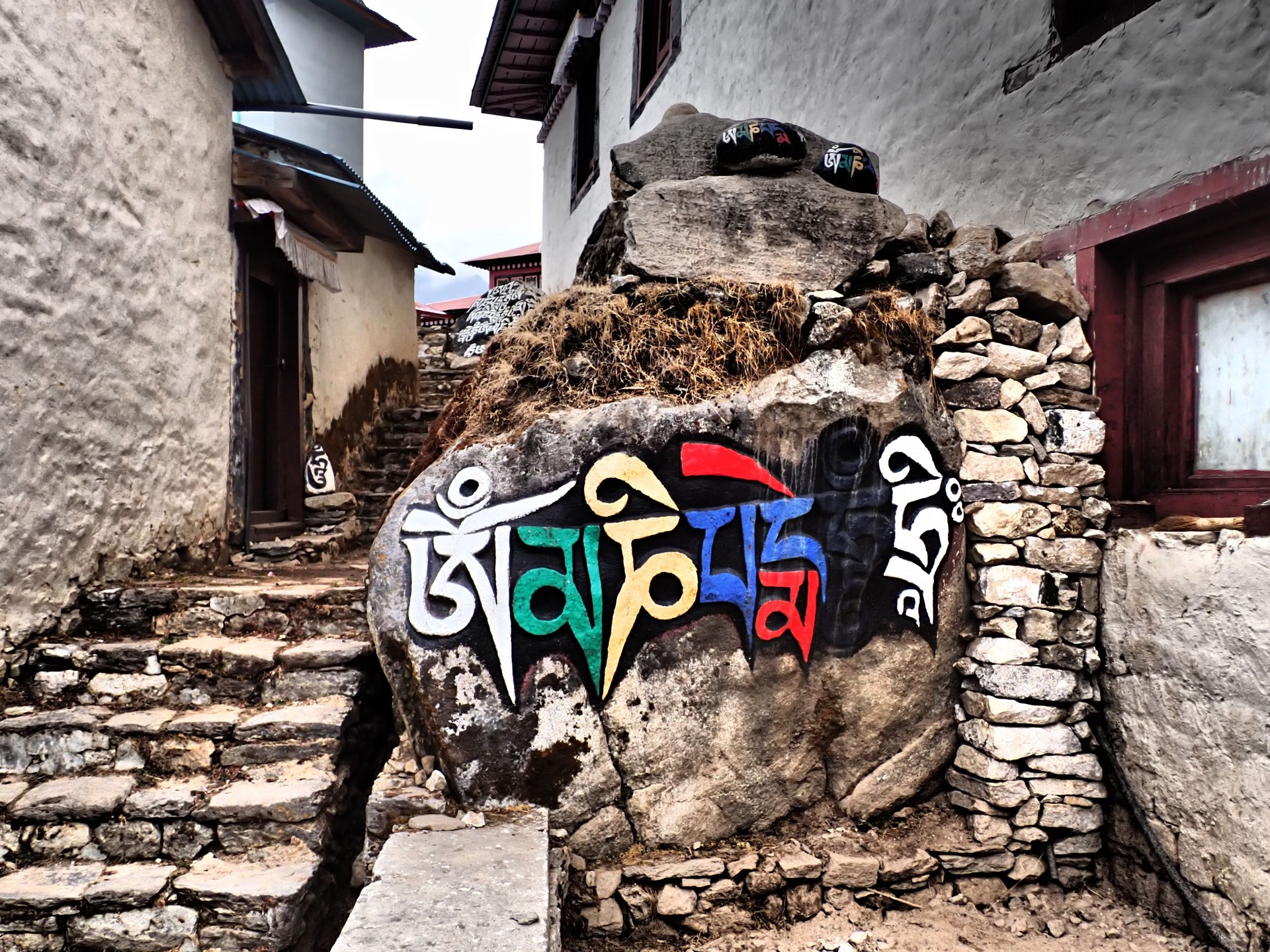 Coloured "Om mani padme hum", mani stone inside the Thyangboche monastery